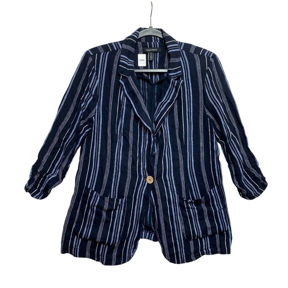 Ellen Tracy Linen Jacket Womens M Navy Blue Striped Ruched Sleeve Blazer